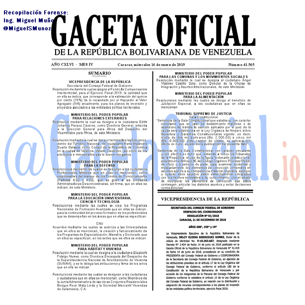 Gaceta Oficial de Venezuela #41565 del miércoles 16 enero 2019 Gaceta Oficial 41565 del 16 Enero 2019