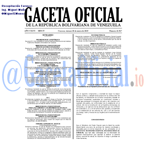 Gaceta Oficial 41567 del 18 Enero 2019