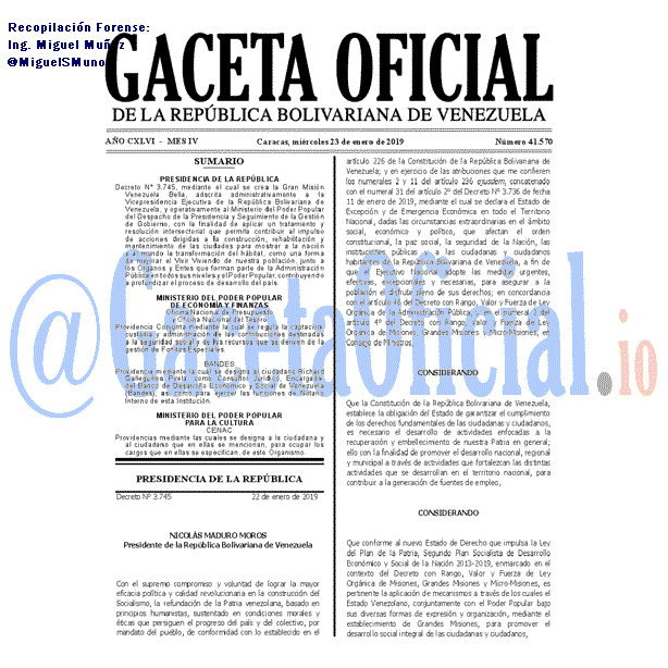 Gaceta Oficial 41570 del 23 Enero 2019