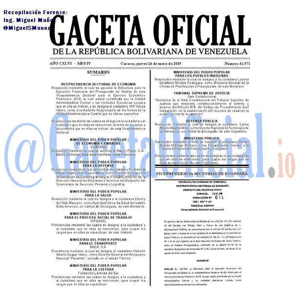 Gaceta Oficial de Venezuela #41571 del jueves 24 enero 2019 Gaceta Oficial 41571 del 24 Enero 2019