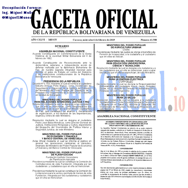 Gaceta Oficial 41580 del 6 Febrero 2019