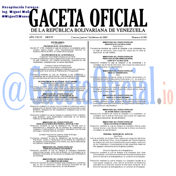 Gaceta Oficial 41581 del 7 Febrero 2019