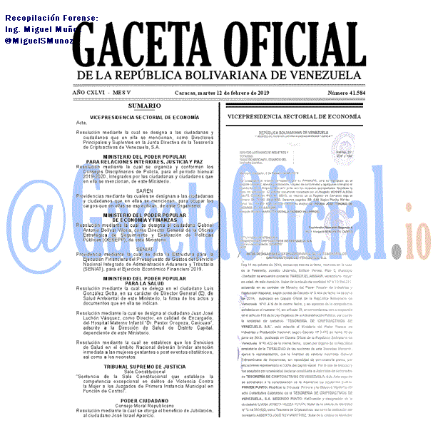 Gaceta Oficial 41584 del 12 Febrero 2019