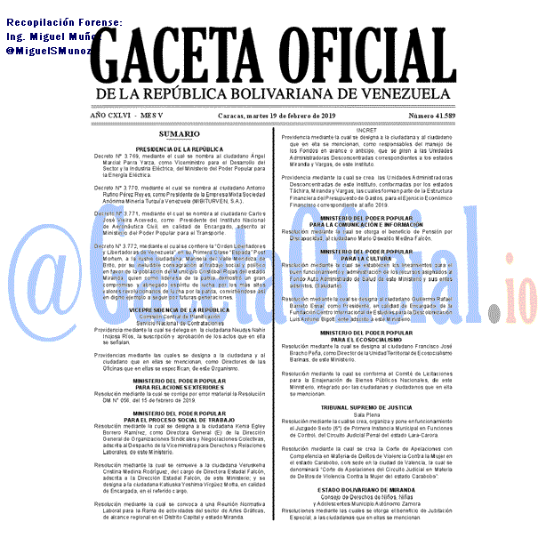 Gaceta Oficial 41589 del 19 Febrero 2019
