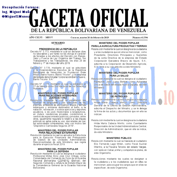 Gaceta Oficial 41594 del 26 Febrero 2019