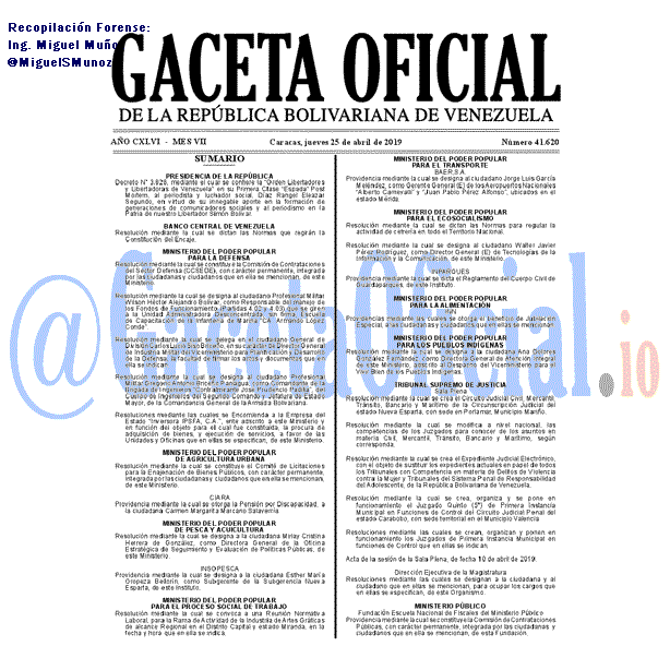 Gaceta Oficial de Venezuela #41620 del jueves 25 abril 2019 Gaceta Oficial 41620 del 25 Abril 2019