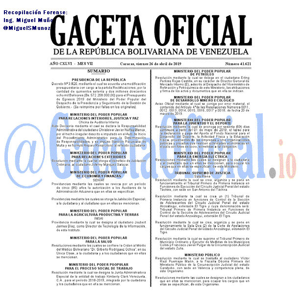 Gaceta Oficial 41621 del 26 Abril 2019