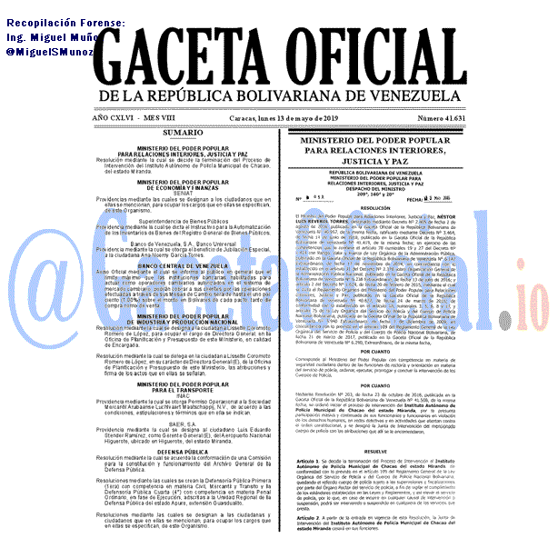 Gaceta Oficial 41631 del 13 Mayo 2019 Gaceta Oficial 41631 del 13 Mayo 2019