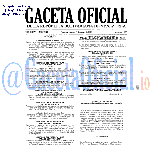 Gaceta Oficial de Venezuela #41635 del viernes 17 mayo 2019 Gaceta Oficial 41635 del 17 Mayo 2019