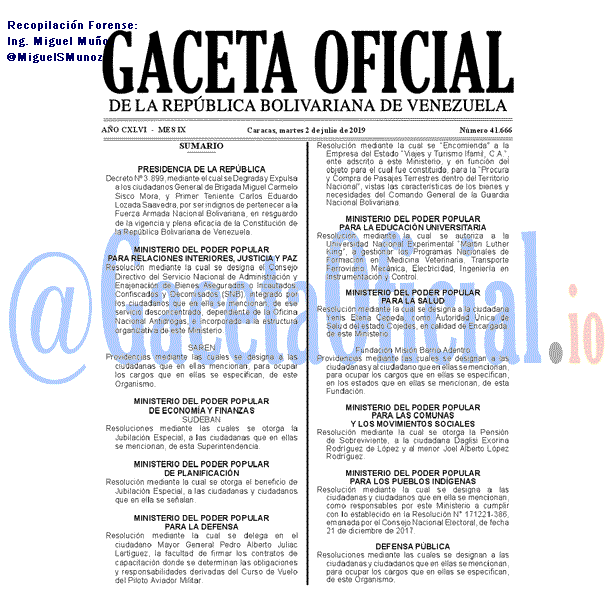 Gaceta Oficial 41662 del 2 Julio 2019 Gaceta Oficial 41666 del 2 Julio 2019