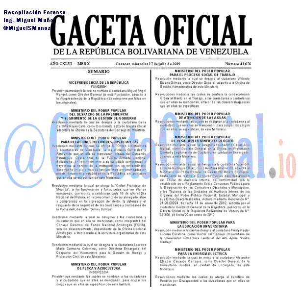 Gaceta Oficial 41676 del 17 Julio 2019 Gaceta Oficial 41676 del 17 Julio 2019