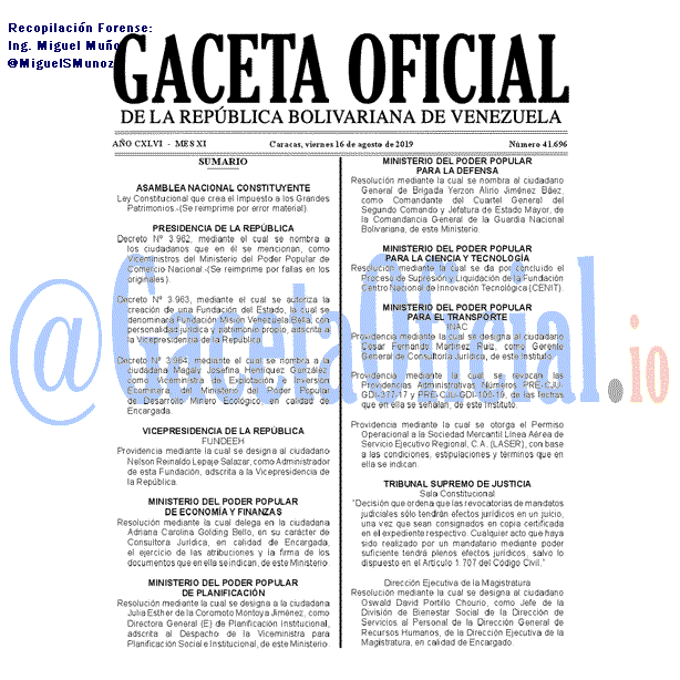 Gaceta Oficial 41696 del 16 agosto 2019 Gaceta Oficial 41696 del 16 agosto 2019