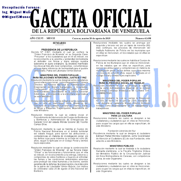 Gaceta Oficial 41698 del 20 agosto 2019 Gaceta Oficial 41698 del 20 agosto 2019