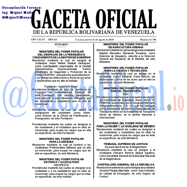 Gaceta Oficial 41700 del 22 agosto 2019 Gaceta Oficial 41700 del 22 agosto 2019