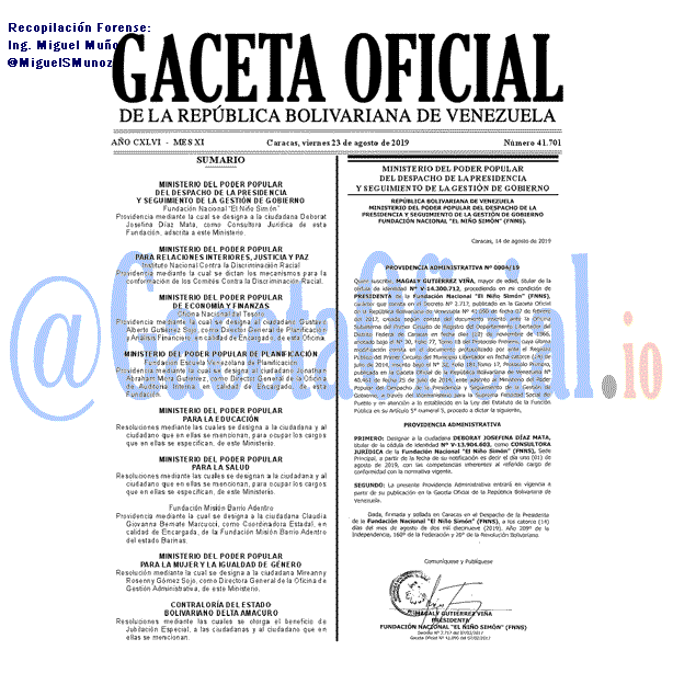 Gaceta Oficial 41701 del 23 agosto 2019 Gaceta Oficial 41701 del 23 agosto 2019