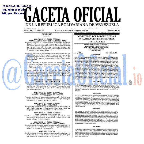 Gaceta Oficial 41704 del 28 agosto 2019 Gaceta Oficial 41704 del 28 agosto 2019