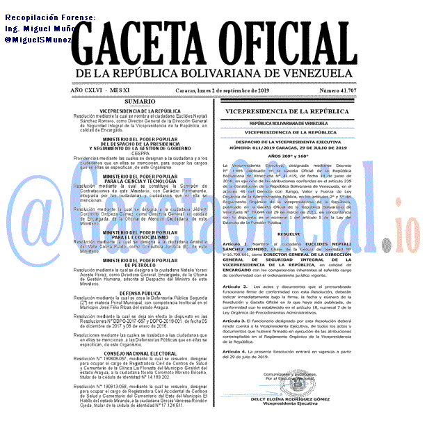 Gaceta Oficial 41707 del 2 septiembre 2019 Gaceta Oficial 41707 del 2 septiembre 2019