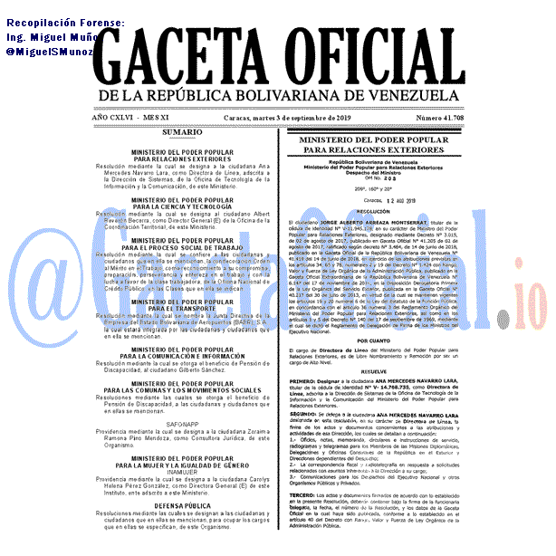 Gaceta Oficial 41708 del 3 septiembre 2019 Gaceta Oficial 41708 del 3 septiembre 2019