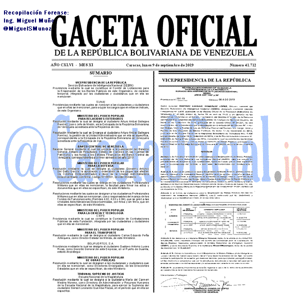 Gaceta Oficial 41712 del 9 septiembre 2019 Gaceta Oficial 41712 del 9 septiembre 2019