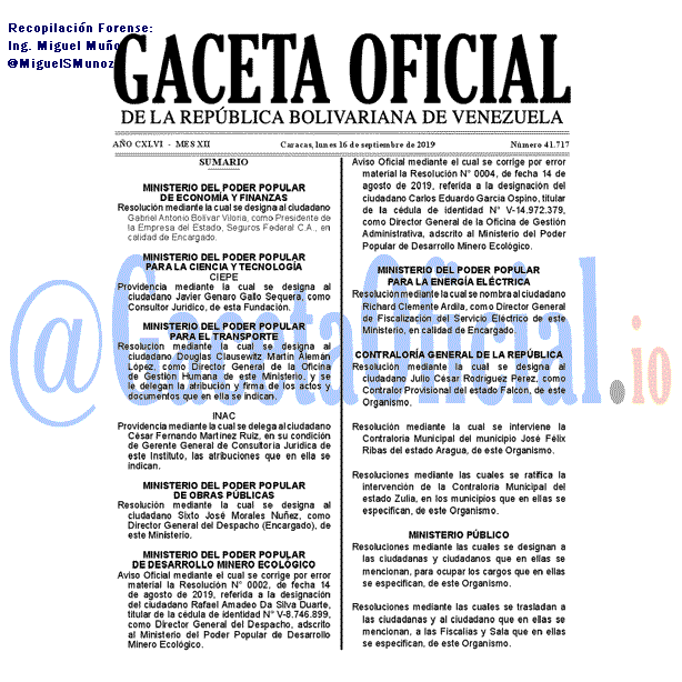 Gaceta Oficial 41717 del 16 septiembre 2019 Gaceta Oficial 41717 del 16 septiembre 2019