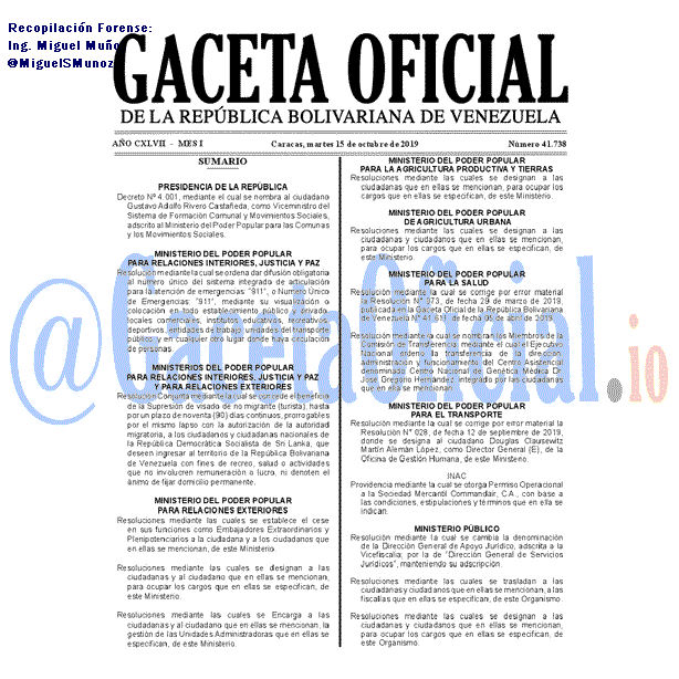 Gaceta Oficial 41738 del 15 octubre 2019