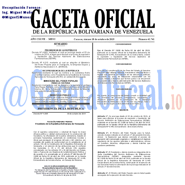 Gaceta Oficial 41741 del 18 Octubre 2019 Gaceta Oficial 41741 del 18 octubre 2019