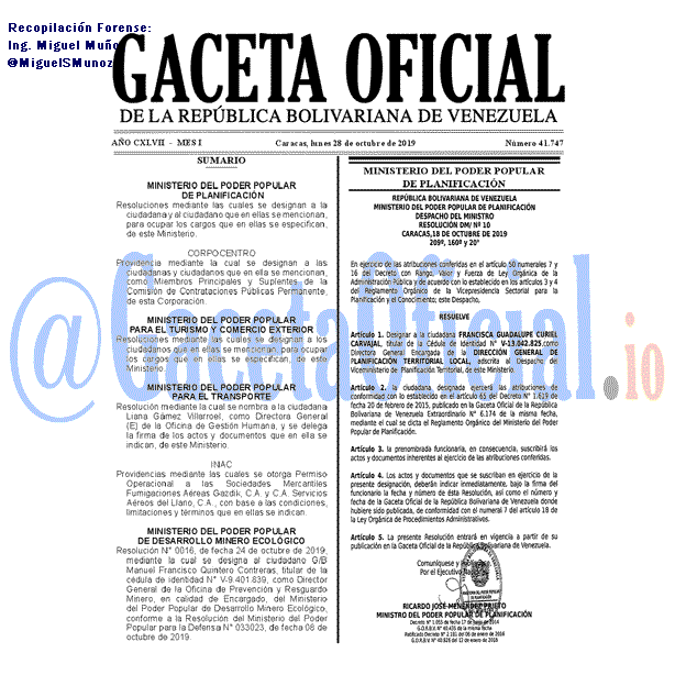 Gaceta Oficial 41747 del 28 octubre 2019