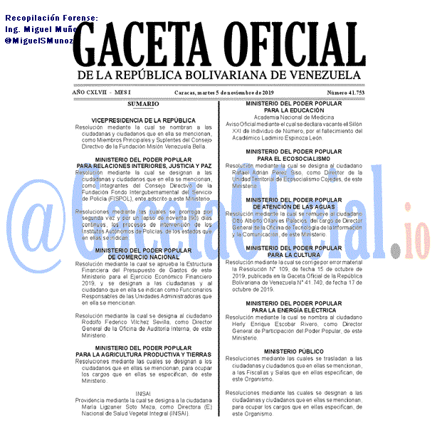 Gaceta Oficial 41753 del 5 Noviembre 2019 Gaceta Oficial 41753 del 5 noviembre 2019