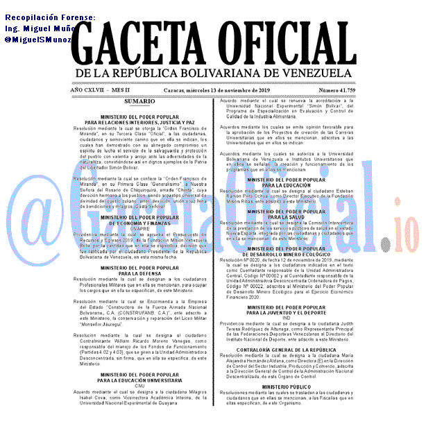 Gaceta Oficial 41759 del 13 Noviembre 2019 Gaceta Oficial 41759 del 13 noviembre 2019