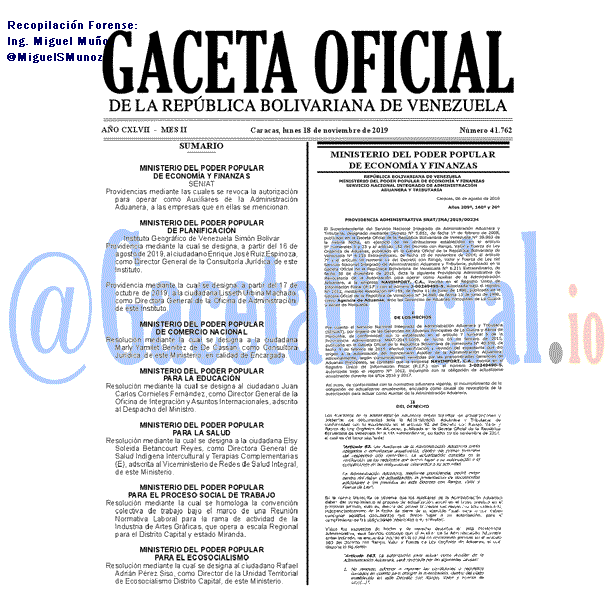 Gaceta Oficial 41762 del 18 Noviembre 2019 Gaceta Oficial 41762 del 18 noviembre 2019