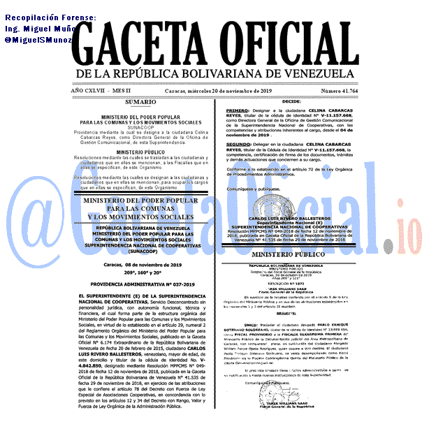 Gaceta Oficial 41764 del 20 Noviembre 2019 Gaceta Oficial 41764 del 20 noviembre 2019