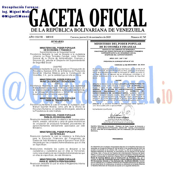 Gaceta Oficial 41765 del 21 Noviembre 2019 Gaceta Oficial 41765 del 21 noviembre 2019