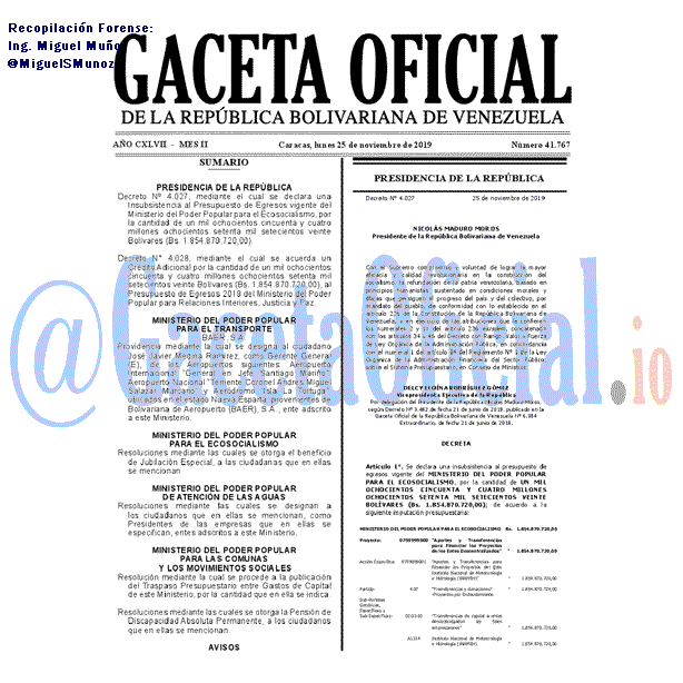 Gaceta Oficial 41767 del 25 Noviembre 2019 Gaceta Oficial 41767 del 25 noviembre 2019