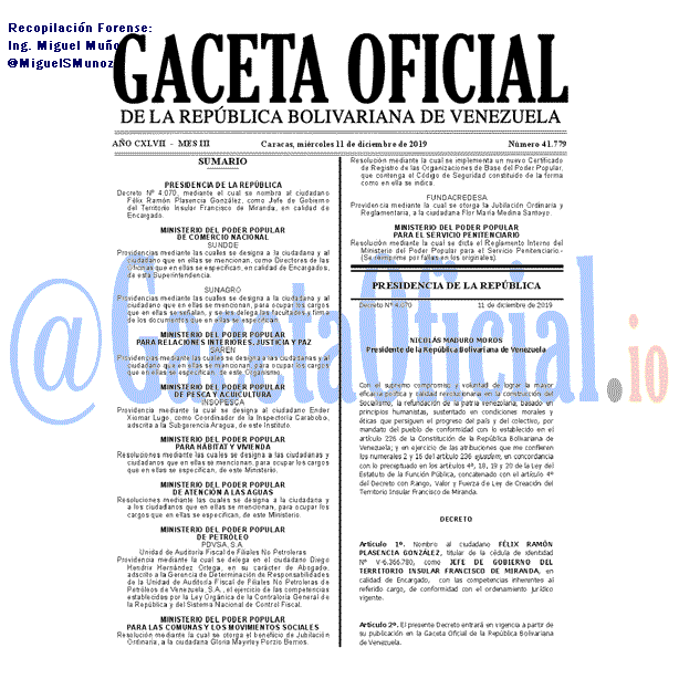 Gaceta Oficial 41779 del 11 Diciembre 2019 Gaceta Oficial 41779 del 11 Diciembre 2019