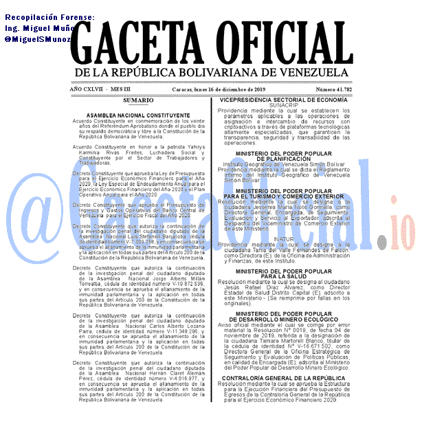 Gaceta Oficial 41782 del 16 Diciembre 2019 Gaceta Oficial 41782 del 16 Diciembre 2019