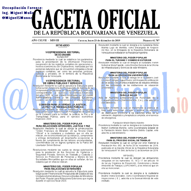 Gaceta Oficial 41787 del 23 Diciembre 2019 Gaceta Oficial 41787 del 23 Diciembre 2019