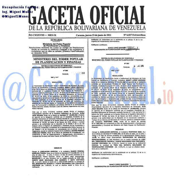 Gaceta Oficial 6027 del 23 Junio 2011