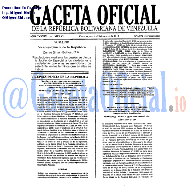 Gaceta Oficial 6072 del 13 Marzo 2012