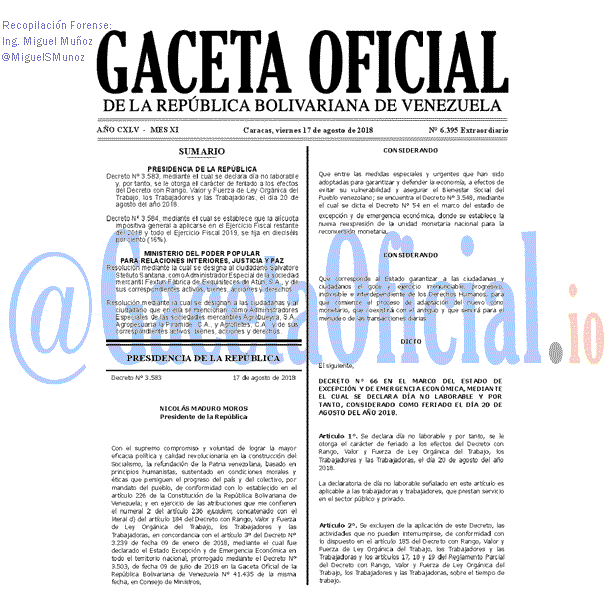 Gaceta Oficial 6395 del 17 Agosto 2018 Gaceta Oficial 6395 del 17 Agosto 2018