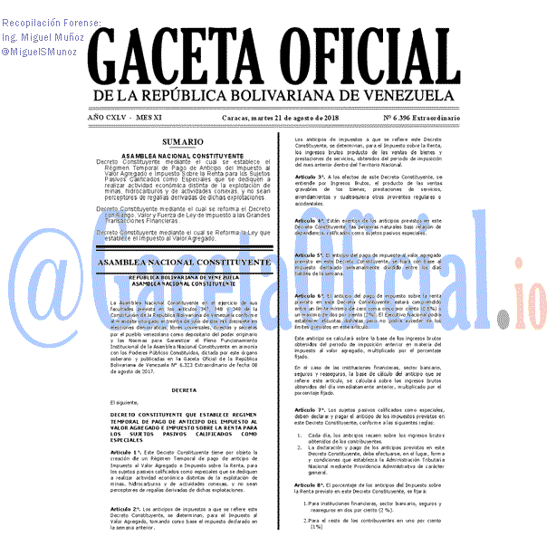 Gaceta Oficial 6396 del 21 Agosto 2018 Gaceta Oficial 6396 del 21 Agosto 2018