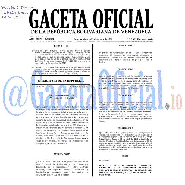 Gaceta Oficial 6403 del 31 Agosto 2018 Gaceta Oficial 6403 del 31 Agosto 2018