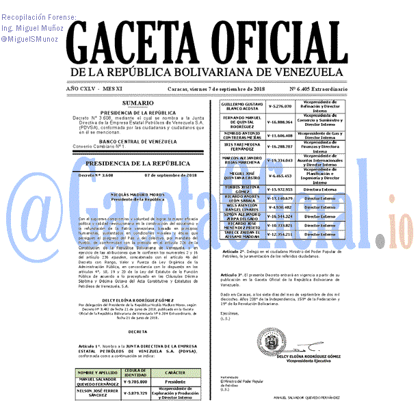 Gaceta Oficial 6405 del 7 septiembre 2018 Gaceta Oficial 6405 del 7 septiebre 2018