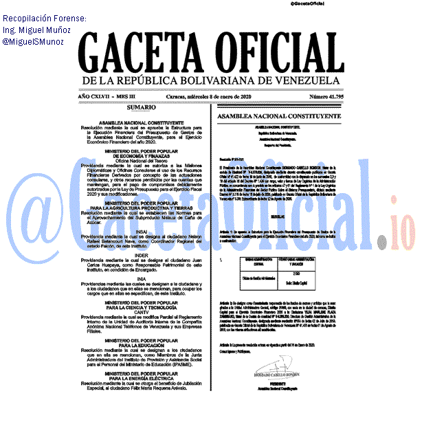 Gaceta Oficial 41795 del 8 Enero 2020