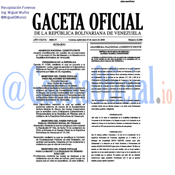 Gaceta Oficial 41800 del 15 Enero 2020