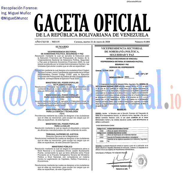 Gaceta Oficial 41804 del 21 Enero 2020