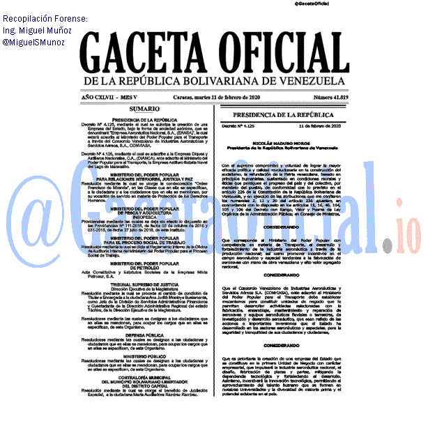 Gaceta Oficial 41819 del 11 febrero 2020 Gaceta Oficial 41819 del 11 febrero 2020