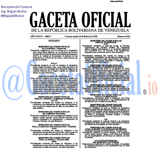 Gaceta Oficial de Venezuela #41824 del martes 18 febrero 2020 Gaceta Oficial 41824 del 18 febrero 2020