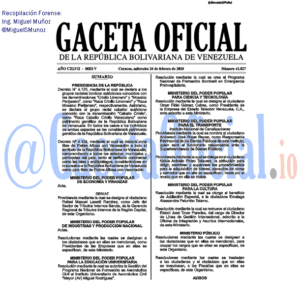 Gaceta Oficial 41827 del 26 febrero 2020