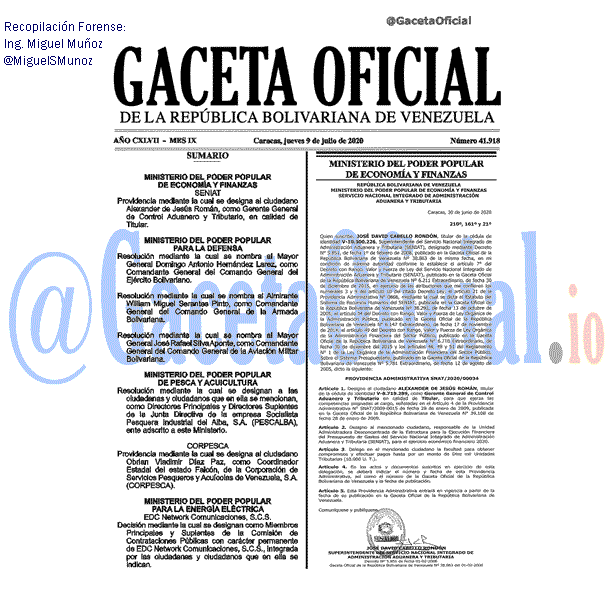 Gaceta Oficial 41918 del 9 julio 2020 Gaceta Oficial 41918 del 9 julio 2020
