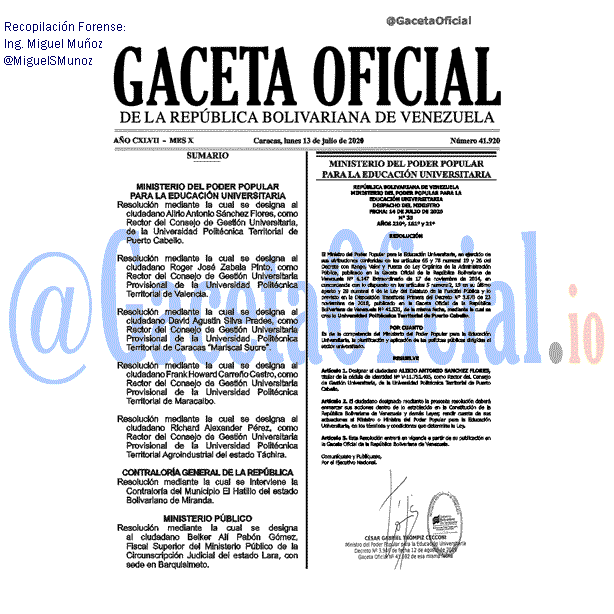 Gaceta Oficial 41920 del 13 julio 2020 Gaceta Oficial 41920 del 13 julio 2020